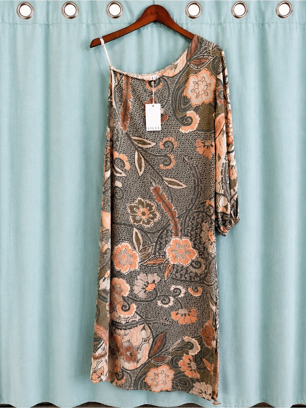 NWT LILYA One-Shoulder Floral Midi Dress in Peach and Olive